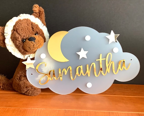 Baby Name Sign with Custom Name - Personalized Plaque for Nursery Decor, Cloud Name Sign, Moon & Stars, Baby Shower Keepsake, Newborn Gift