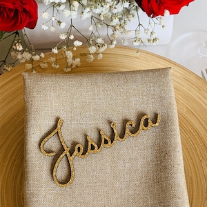 Gold Glitter Custom Wedding Laser Cut Names Personalized Wooden Table Cards Place Name Settings Guest Party Escort Cards Customise Wood Tags image 1