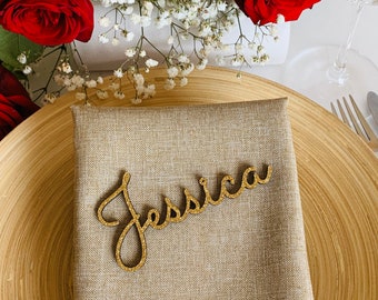 Gold Glitter Custom Wedding Laser Cut Names Personalized Wooden Table Cards Place Name Settings Guest Party Escort Cards Customise Wood Tags