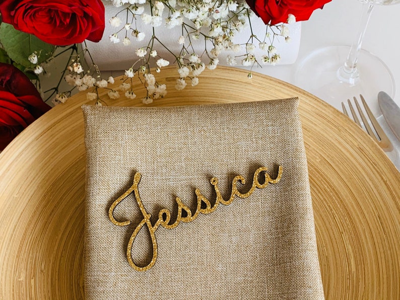 Gold Glitter Custom Wedding Laser Cut Names Personalized Wooden Table Cards Place Name Settings Guest Party Escort Cards Customise Wood Tags image 1