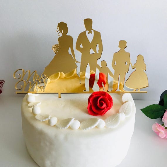 Wedding Cake Topper with 3 Children Mr and Mrs Cake Toppers Family Silhouette Personalized Bride Groom Kids Special Custom Orders Any Colors