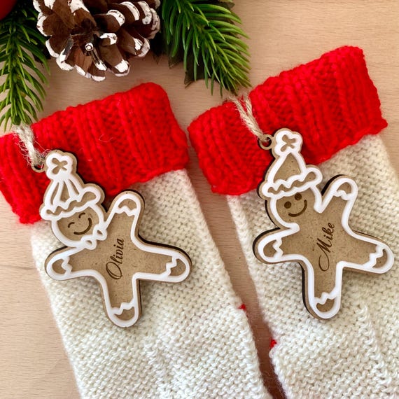 Christmas Stocking Name Tags – Personalized Gingerbread Boy or Girl  – Custom Wood Name Ornaments – Thanksgiving Gift Tags – Present Labels