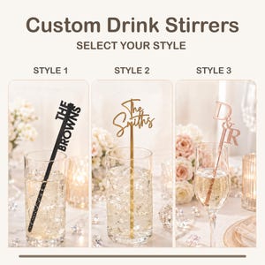 Könnte beinhalten: Drei personalisierte Rührstäbchen mit der Beschriftung Style 1, Style 2 und Style 3. Style 1 ist ein schwarzer Rührstab mit dem Text THE BROWNS. Style 2 ist ein goldener Rührstab mit dem Text The Smiths. Style 3 ist ein roségoldener Rührstab mit dem Text D&R.