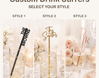 Personalized Wedding Drink Stirrers, Custom Last Name or Initials, Acrylic Swizzle Sticks