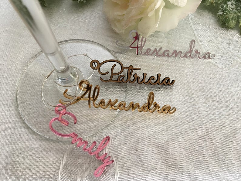 Personalized Wine Glass Charm Custom Name Gift Tags Wedding Sign Place Cards Wooden Place Name Setting Small Laser Cut Table Names with Hole image 3