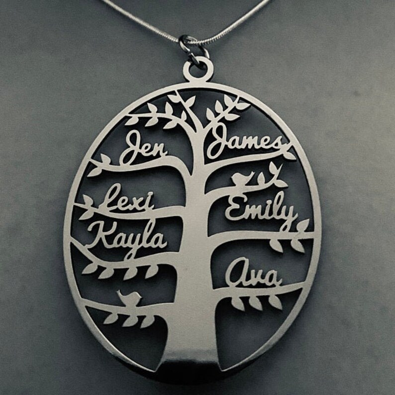 Personalized Tree of Life Family Names Necklace Handmade Oval Pendant Custom Laser Cut Names Stainless Steel Jewelry Women Anniversary Gifts image 6