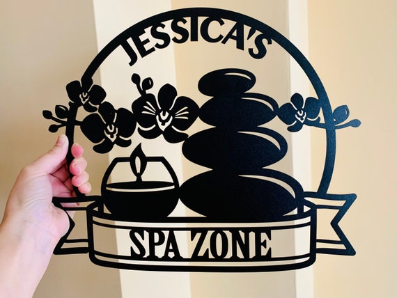 Personalized Spa Zone Name Sign Custom Name Metal Wall Art Plaque Restroom Distress Medical Gift for Her Soak Relax Unwind Spa Room Washroom