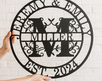 Custom Last Name Sign, Round Metal Monogram, Personalized Family Name with Split Letter