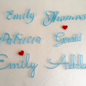 Peut inclure: Noms en acrylique bleu clair en &eacute;criture cursive lisibles comme Emily, Thomas, Patricia, Gerald, Emily et Ashley. Deux petits c&oelig;urs rouges sont plac&eacute;s entre les noms. Le lettrage pr&eacute;sente une finition brillante et lisse.
