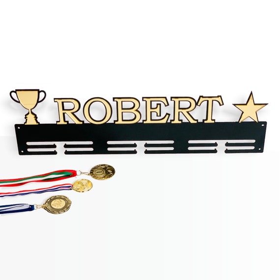 Personalized Luxury Medal Holder Custom Name, Star & Cup Trophy Metal Medal Display Rack for Awards Gift for Winners, Any Color, Any Sport