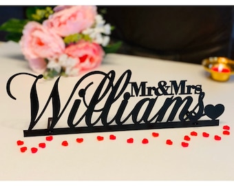 Wedding Name Metal Sign – Personalized Mr and Mrs Sign, Custom Last Name Centerpiece, Freestanding Surname Sign, Sweetheart Table Decor