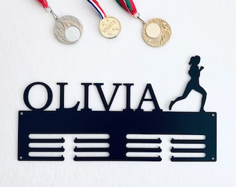 Custom Running Medal Holder - Personalized Name Display Rack for Sports Awards - Female Silhouette