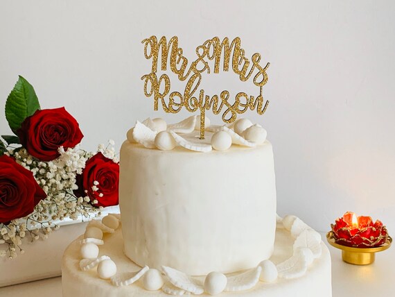 Personalized Gold Glitter Wedding Cake Topper Custom Mr and Mrs Last Name Calligraphy Wood Acrylic Table Centerpieces Customized Decorations