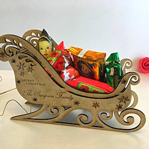 Boîte de bonbons personnalisée en bois faite à la main du père Noël en traîneau pour le réveillon de Noël, cadeaux de Noël personnalisés, ornements de vacances gravés du père Noël, décorations pour la maison 3D