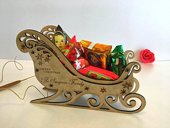 Personalized Wooden Handmade Santa's Sleigh Christmas Eve Sweets Box Custom Xmas Gifts Engraved Santa Holiday Ornaments Home Decorations 3D