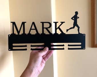 Personalized Running Marathon Medal Holder Custom Name Metal Display Rack Sports Awards Runner Gift for Men, Athlete Wall Hanger, Race Run