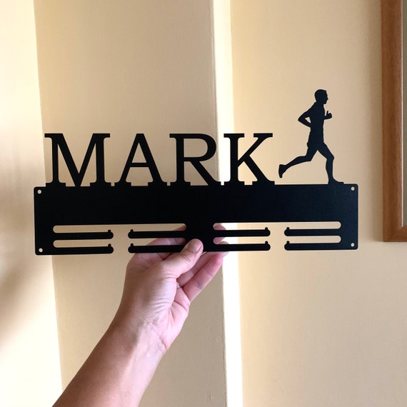 Personalized Running Marathon Medal Holder Custom Name Metal Display Rack Sports Awards Runner Gift for Men, Athlete Wall Hanger, Race Run