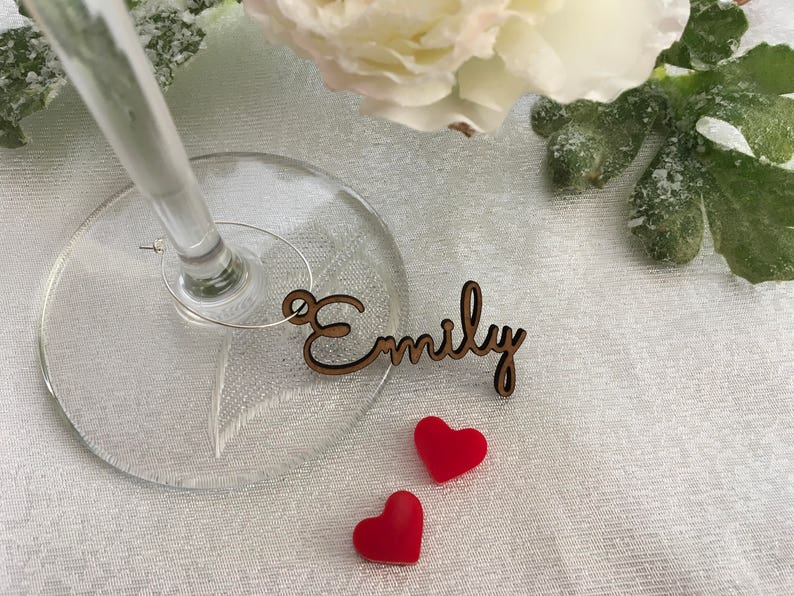 Personalized Wine Glass Charm Custom Name Gift Tags Wedding Sign Place Cards Wooden Place Name Setting Small Laser Cut Table Names with Hole image 1