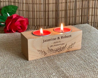 Personalized Anniversary Engraved Wooden Candle Holder with Custom Names & Special Date