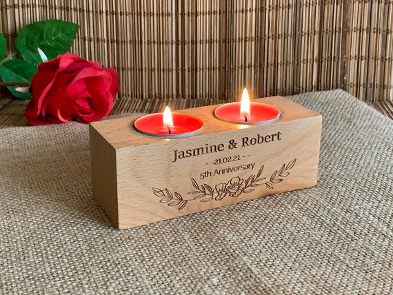 Personalized Anniversary Engraved Wooden Candle Holders Custom Names Rustic Wood Tealight Wedding Gift for Couples Home Decor Housewarming