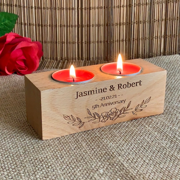 Personalized Anniversary Engraved Wooden Candle Holders Custom Names Rustic Wood Tealight Wedding Gift for Couples Home Decor Housewarming