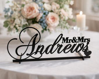 Personalized Mr & Mrs Wedding Sign, Custom Last Name Centerpiece for Sweetheart Table Decor