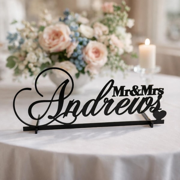 Personalized Mr & Mrs Wedding Sign, Custom Last Name Centerpiece for Sweetheart Table Decor