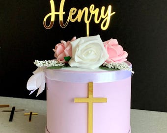 Custom Name Cake Topper & Cross Charm - Christening, First Holy Communion, and Baptism Decor