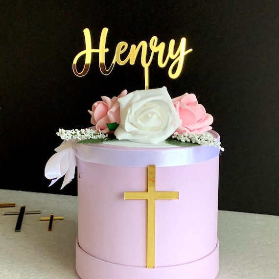 Personalized Name Cake Topper & Cross Cake Charm Christening Cake Topper, Custom Name First Holy Communion Baptism Decor, God Bless, Cupcake