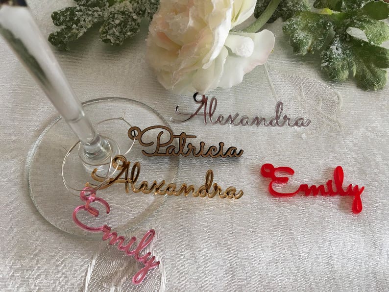 Personalized Wine Glass Charm Custom Name Gift Tags Wedding Sign Place Cards Wooden Place Name Setting Small Laser Cut Table Names with Hole image 4