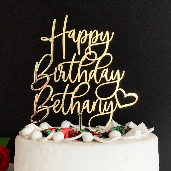Personalized Name Cake Topper, Happy Birthday, Custom Name & Heart, Script Text Event Party Decorations Modern Calligraphy Table Centerpiece
