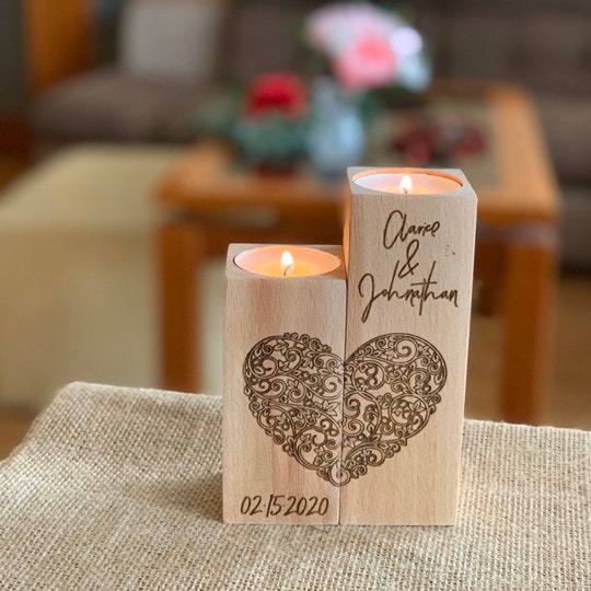 Disover Personalized Wooden Candle Holder Heart Love Tea light Candles Wedding Save Date