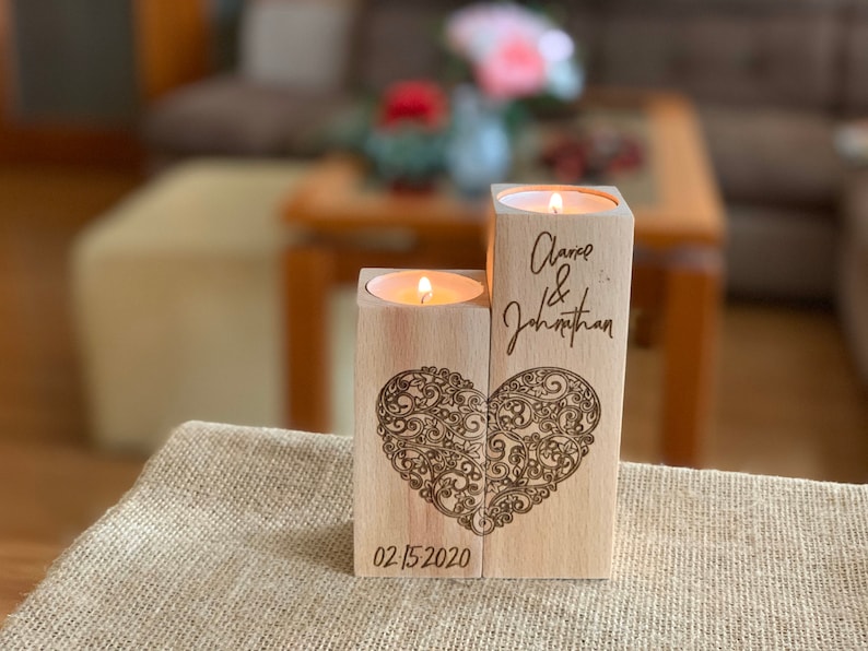 Personalized Wood Candle Holder Custom Names and Special Date Heart Shape Love Tealight Candle Holder Anniversary Gift for Couples image 6