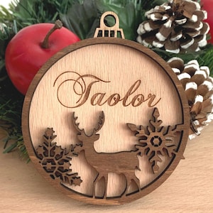 Personalized Wooden Christmas Name Ornament with Reindeer, Custom Wood Name Bauble, Xmas 2025