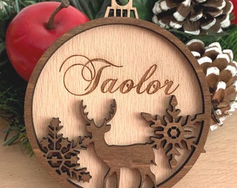 Personalized Wooden Christmas Name Ornament with Reindeer, Custom Wood Name Bauble, Xmas 2026