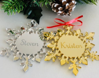 Personalized Engraved Mirror Acrylic Snowflake Wedding Favor Hanging Name Ornament Christmas Crystal Shape Custom Xmas Tree Decorations 2022