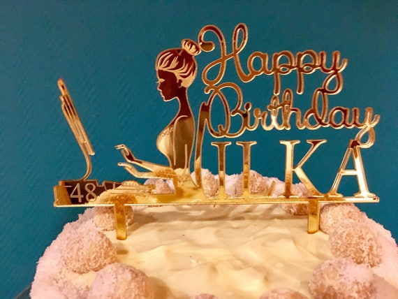 Happy Birthday Cake Topper Personalized Name Any Age Business Custom Gift Computer Programmer Laptop Woman Girl Silhouette 40th 50th 60th