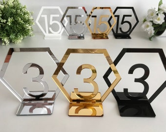 Geometric Table Number Holders Hexagon Wedding Reception Elegant Acrylic Freestanding Table Signs Formal Wedding Centerpiece Dinner Party