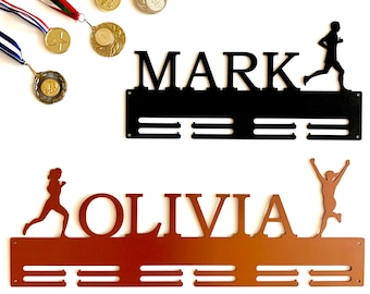 Gepersonaliseerde Running Medal Holder Custom Name Metal Medal Display Rack Sports Awards Runner Gift Atleet Muurhanger, Vrouw, Mannen Silhouet