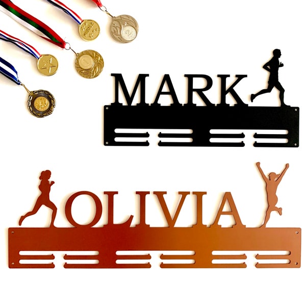 Personalized Running Medal Holder Custom Name Metal Medal Display Rack Sports Awards Runner Gift Athlete Wall Hanger, Woman, Men Silhouette