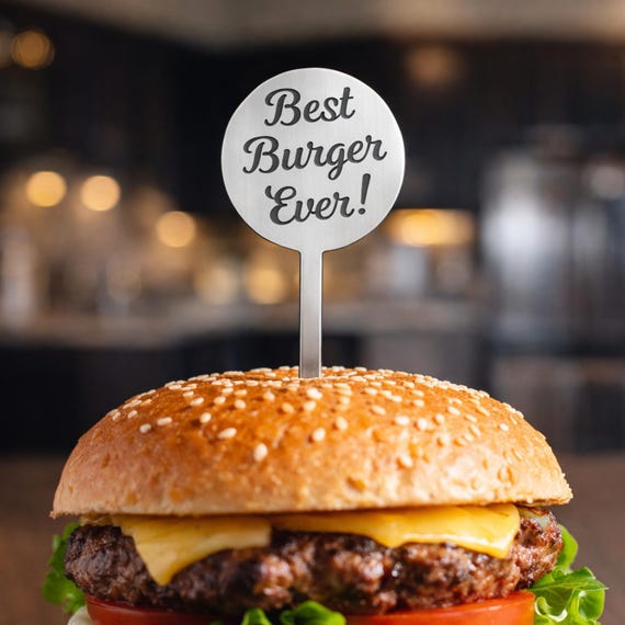 Personalized Stainless Steel Burger Skewers, Custom Food Picks for Hamburgers - Name, Logo, or Initials
