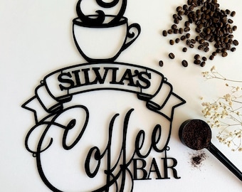 Personalized Coffee Bar Metal Name Sign - Custom Coffee Cup Wall Art - Kitchen Decor
