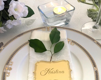 Custom Wedding Place Cards, Personalized Engraved Plaques, Dinner Party Names, Mirrored Acrylic Tags