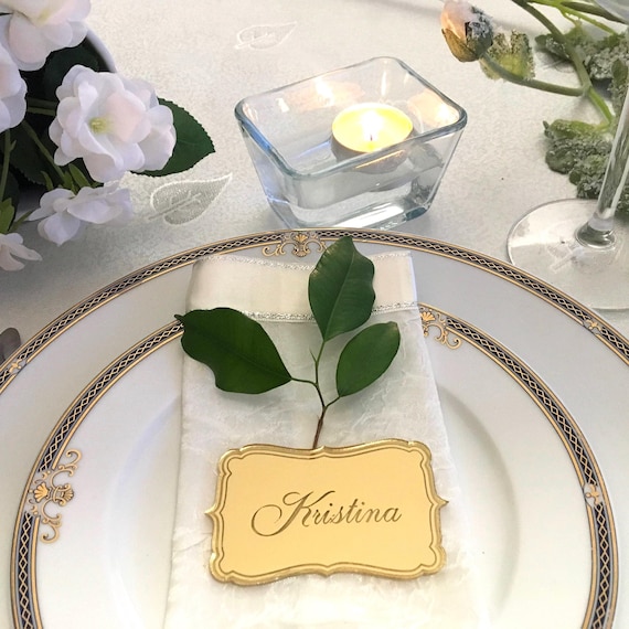 Custom Wedding Place Cards - Personalized Engraved Plaques - Dinner Party Names - Name Place Settings - Mirrored Acrylic Tags - Party Favors
