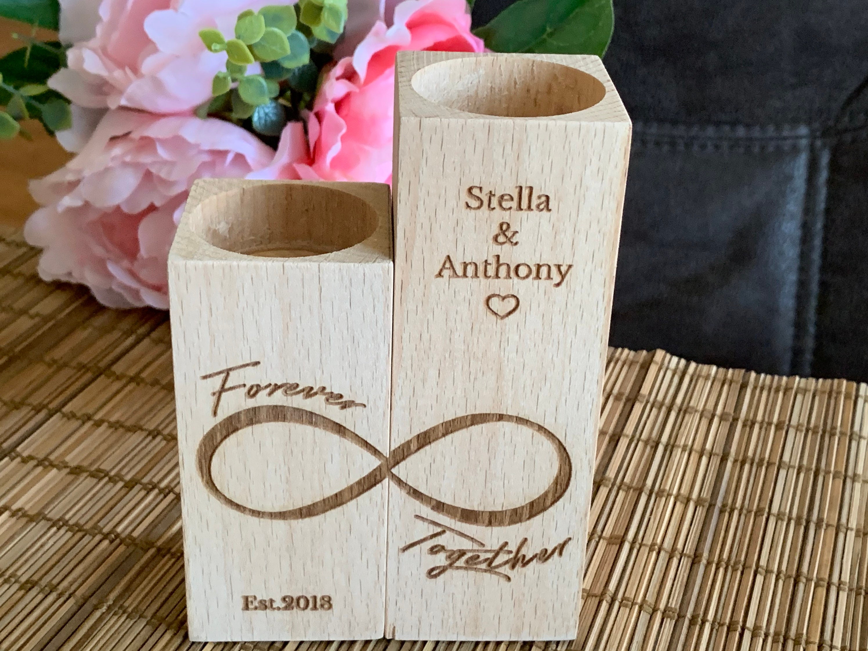 Personalized Wooden Candle Holder Infinity Love Custom Engraved Names