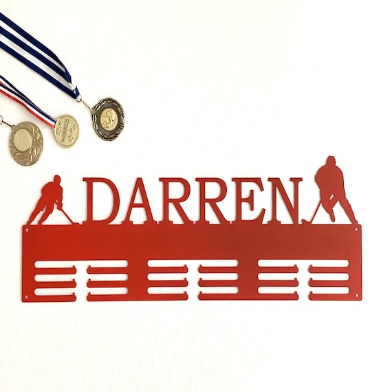 Personalized Ice Hockey Medal Holder Custom Name Sports Themed Metal Display Rack Awards Gift for Boys, Wall Hanger Hockey Player, Any Color
