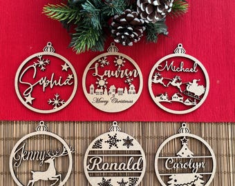 Décorations de Noël en bois personnalisées | Boules de Noël personnalisées découpées au laser | 6 modèles uniques | Cadeaux pour la famille