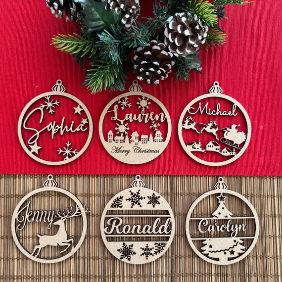 Personalized Wooden Christmas Name Ornaments | Custom Laser Cut Baubles | 6 Unique Designs | Family Gifts