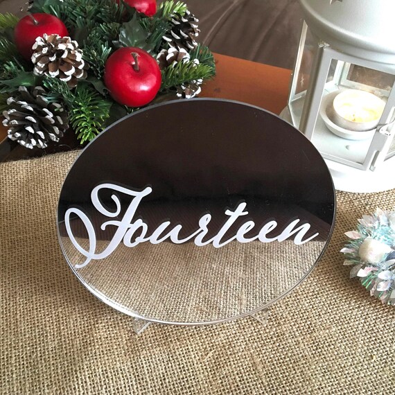 Wedding Table Numbers Silver Circle Number Centerpieces Winter wedding Calligraphy sign Elegant Engraved Word Table Numbers with Clear Stand