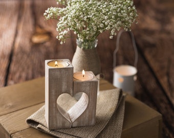 Christmas gift Wood Candle Holders Wooden Heart Shape Rustic tea light Holder Wedding Gift for Couple Home Decorations Table Centerpiece